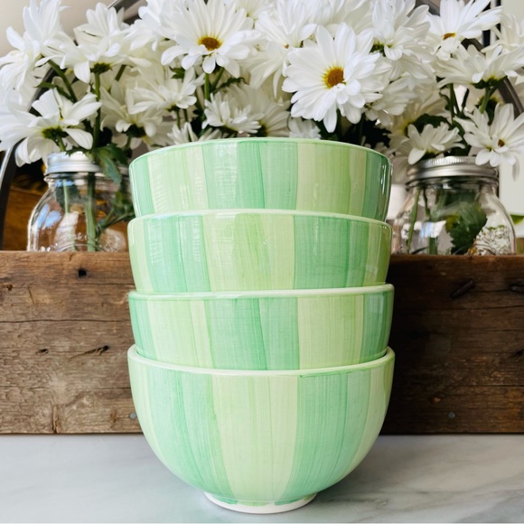 Bob Mackie•(4) Ceramic Soup/Cereal Bowls•HAND-PAINTED•Green Stripes and Flowers - Picture 7 of 14